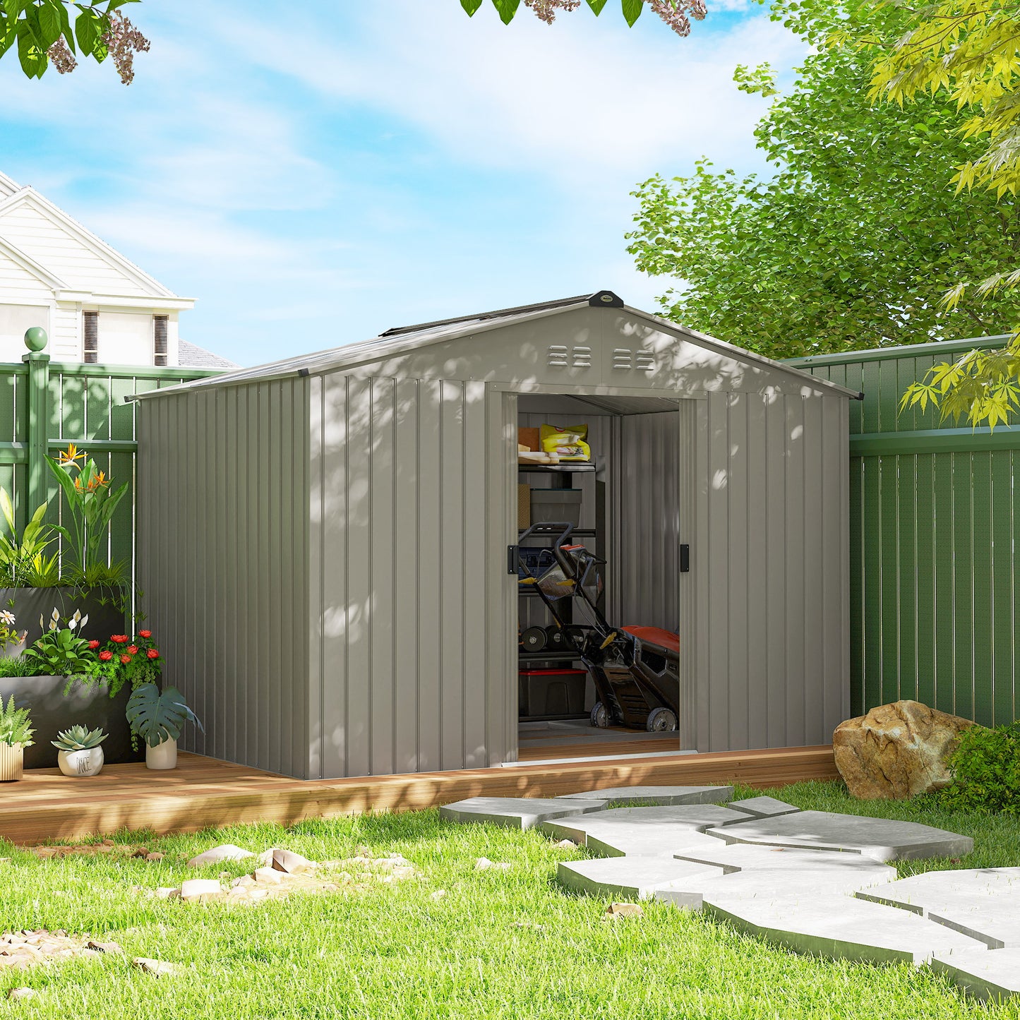 9 x 6ft Metal Garden Shed, Waterproof Outdoor Bike Storage Shed Galvanised with Vents, Foundation Kit, Apex Roof and Lockable Double Doors for Patio Lawn, Silver Grey