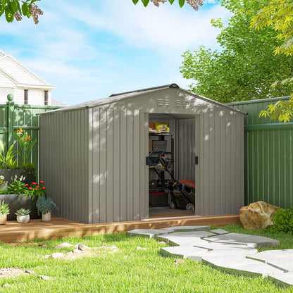 9 x 6ft Metal Garden Shed, Waterproof Outdoor Bike Storage Shed Galvanised with Vents, Foundation Kit, Apex Roof and Lockable Double Doors for Patio Lawn, Silver Grey