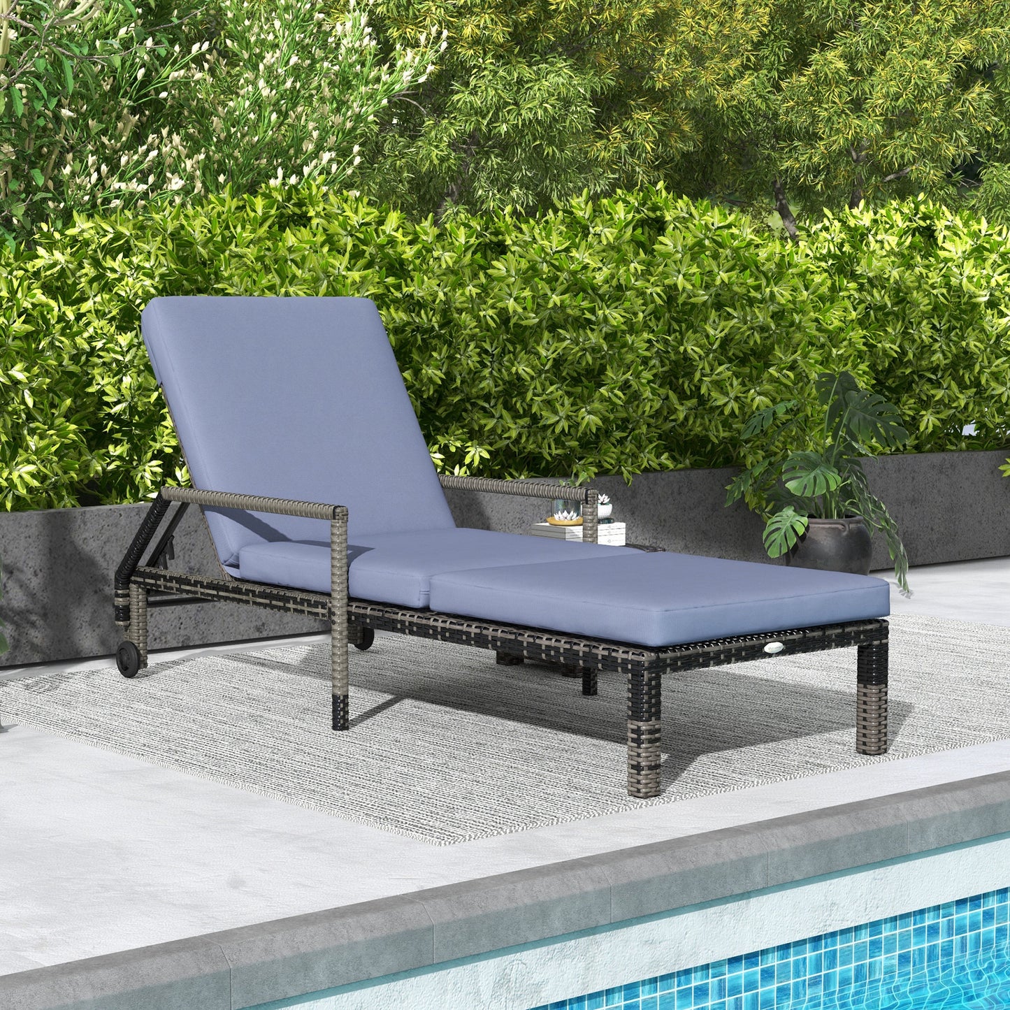 Rattan Wicker Chaise Sun Lounger Garden w/ Adjustable Backrest & Wheels