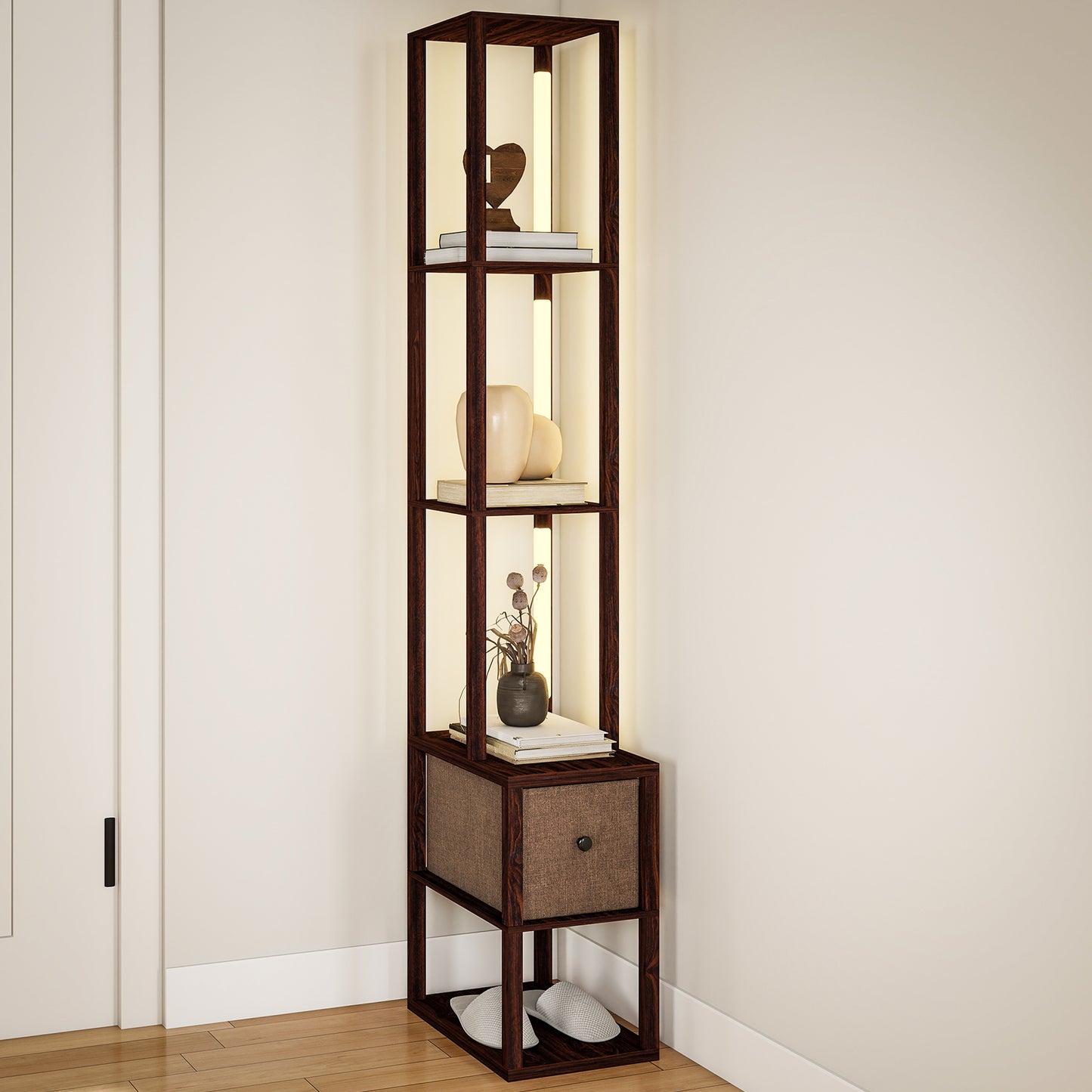 Floor Lamp with Shelves, LED Standing Lamp with Fabric Drawer, Brown
