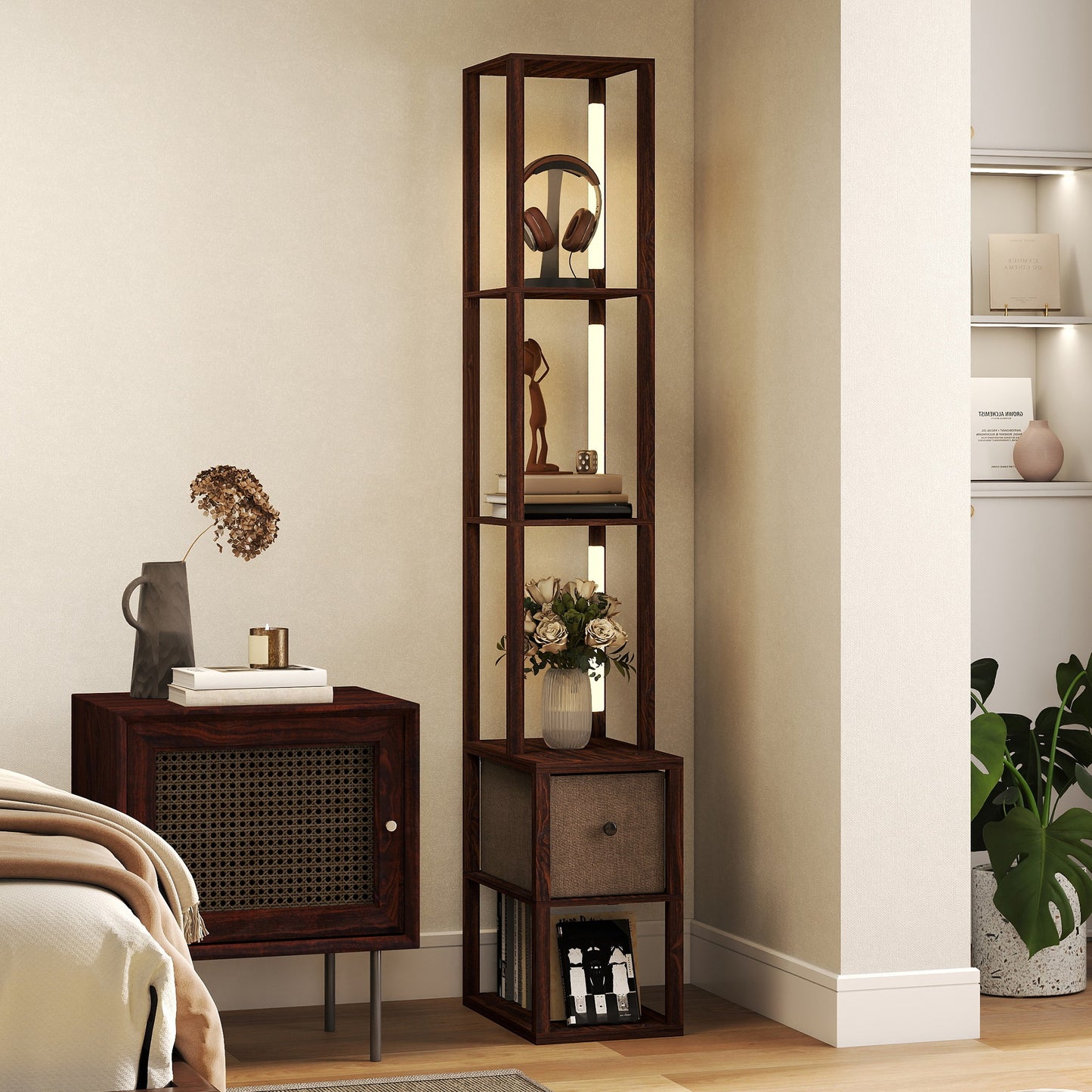 Floor Lamp with Shelves, LED Standing Lamp with Fabric Drawer, Brown