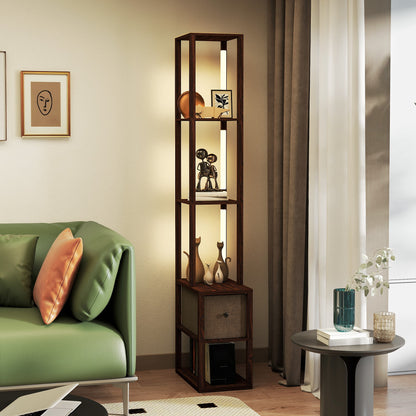Floor Lamp with Shelves, LED Standing Lamp with Fabric Drawer, Brown
