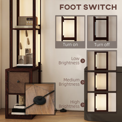Floor Lamp with Shelves, LED Standing Lamp with Fabric Drawer, Brown