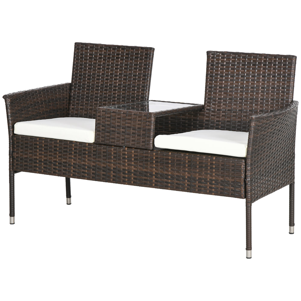 Two-Seat Rattan Chair, with Middle Table - Brown