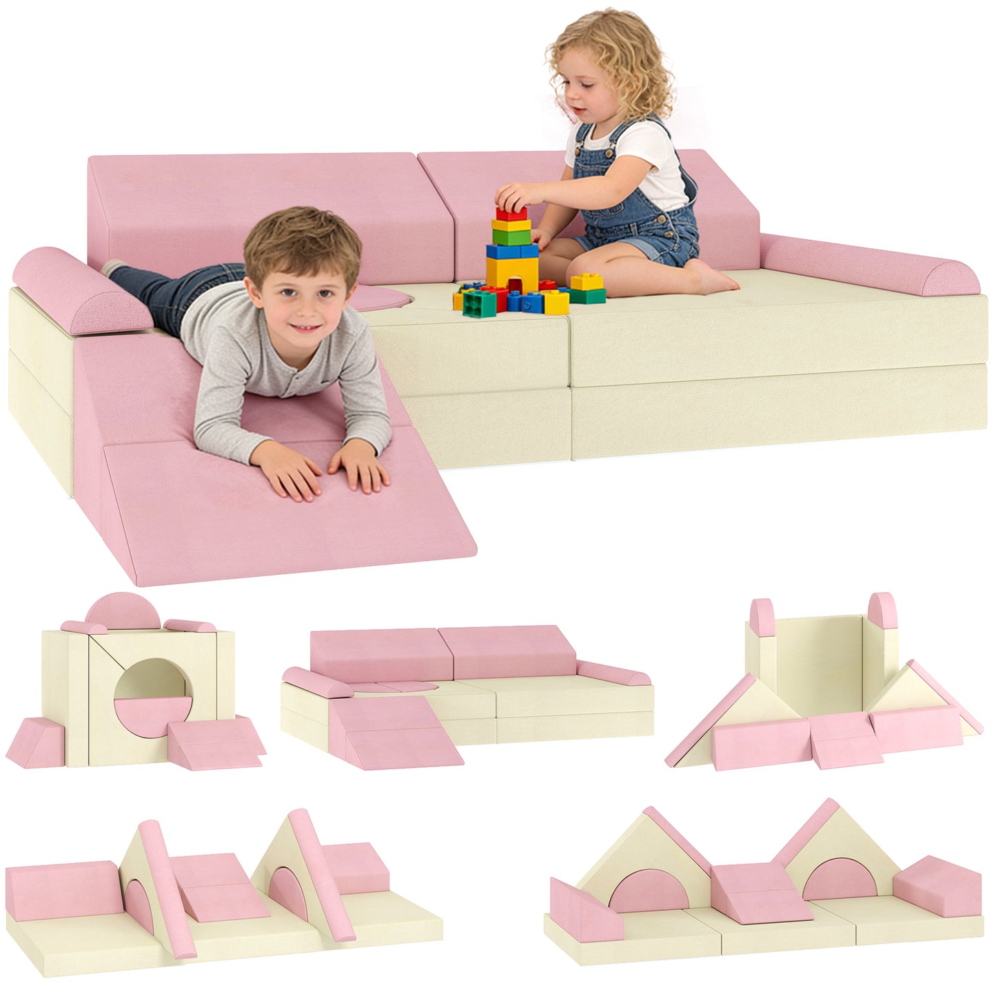 Kids Play Sofa, 12 Pieces Foam Modular Convertible Sofa, Pink