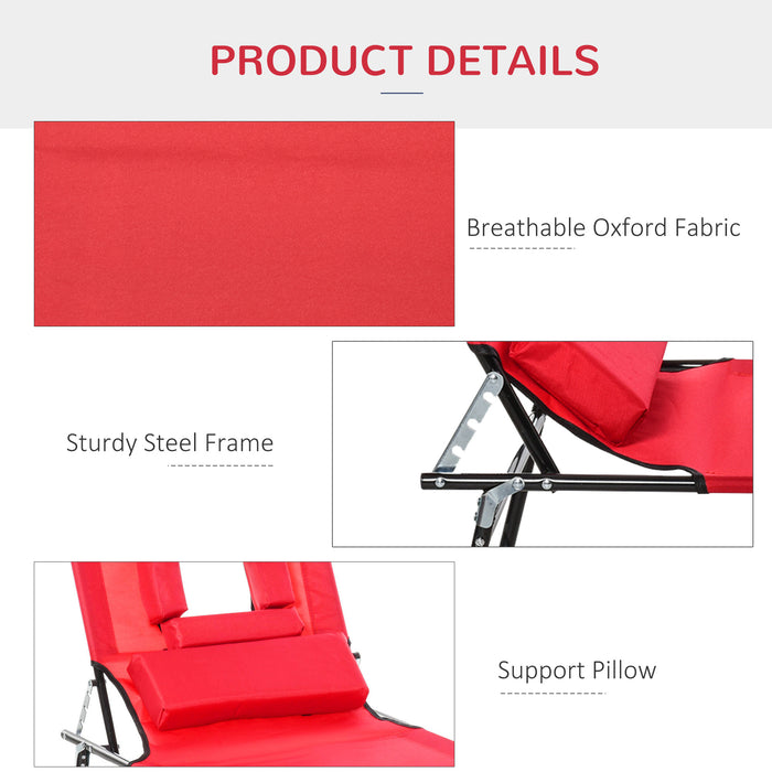 Foldable Outdoor Sun Lounger Adjustable Backrest Reclining Chair with Pillow and Reading Hole Garden Beach, Red