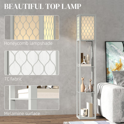 Modern Floor Lamp Light with Shelves Fabric Lampshade Light Grey