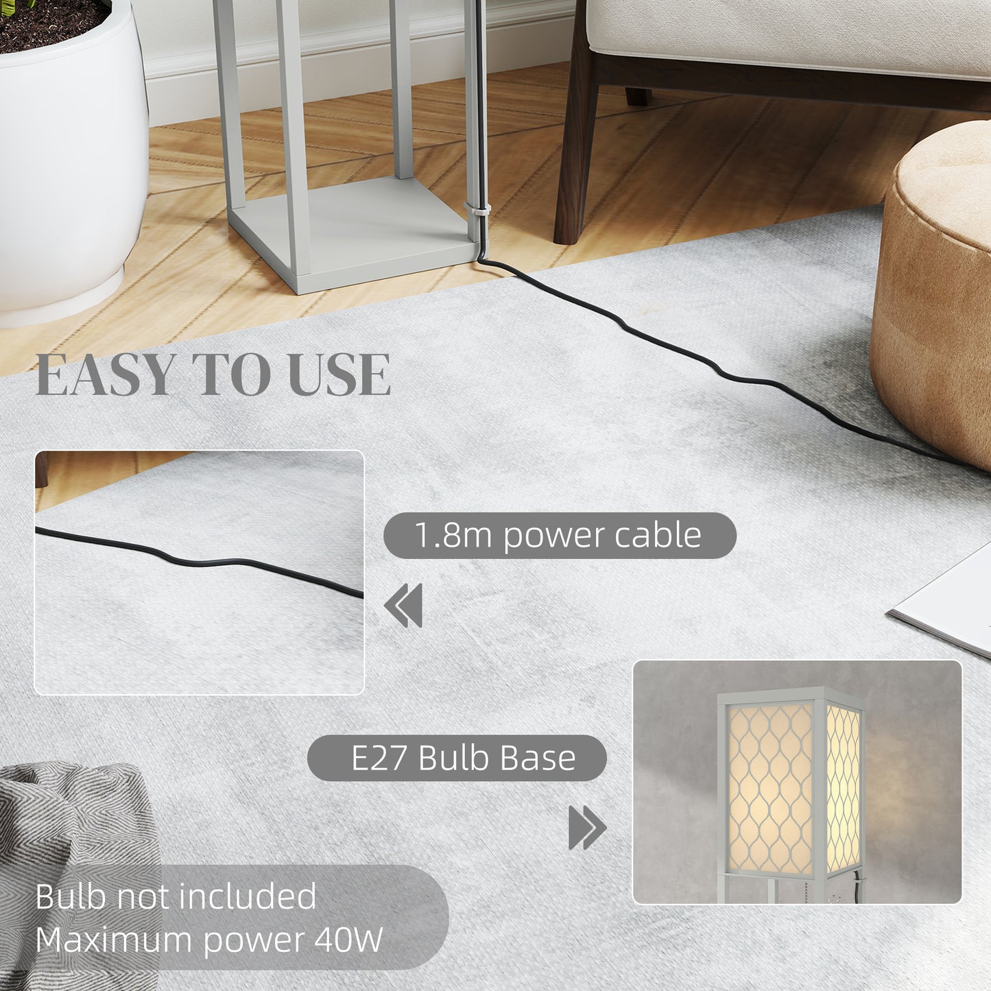 Modern Floor Lamp Light with Shelves Fabric Lampshade Light Grey