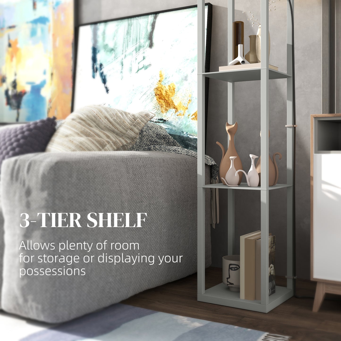 Modern Floor Lamp Light with Shelves Fabric Lampshade Light Grey