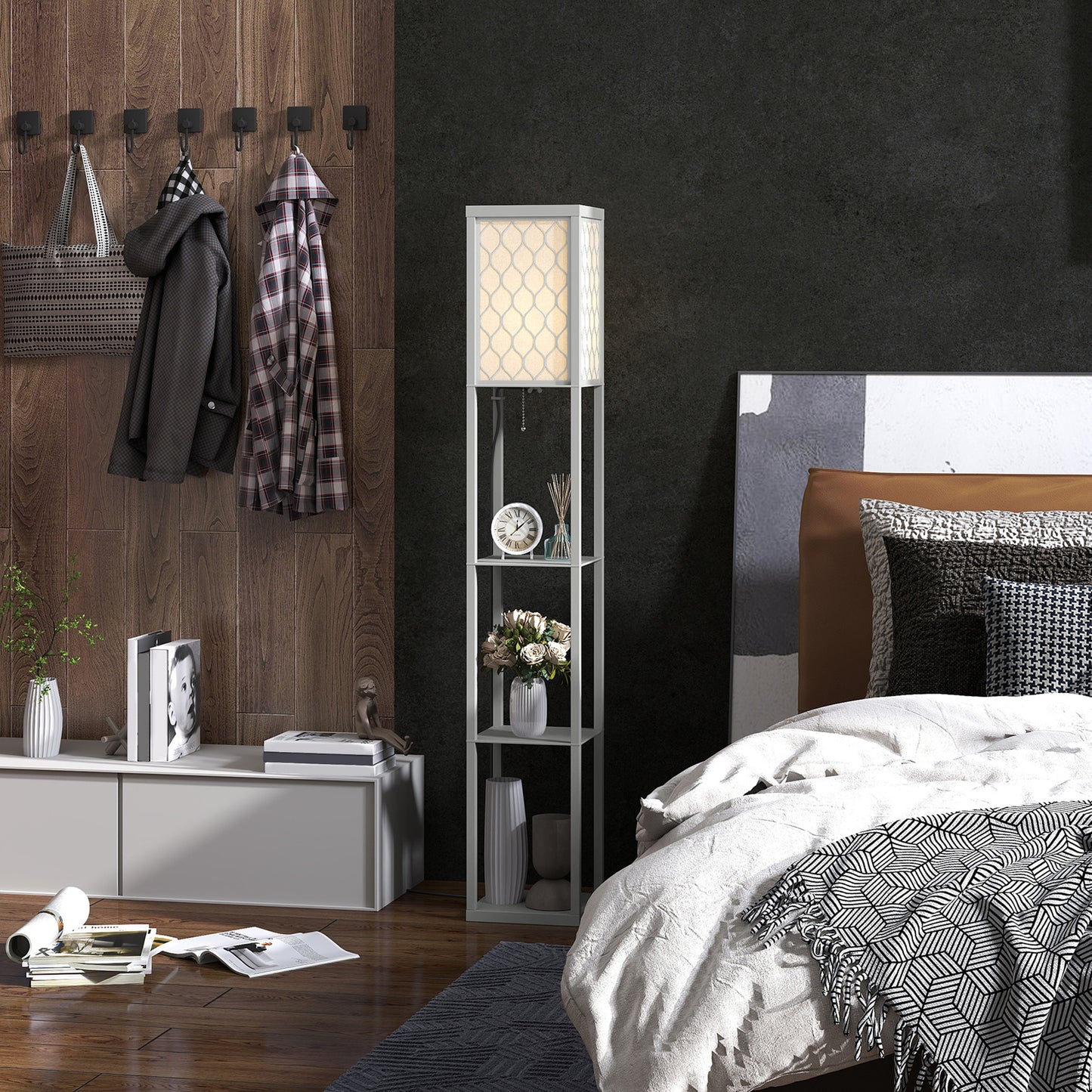 Modern Floor Lamp Light with Shelves Fabric Lampshade Light Grey