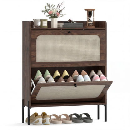 Boho Narrow Shoe Cabinet, Shoe Rack with 2 Flip Drawers, Dark Brown