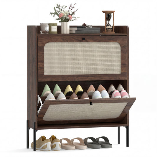 Boho Narrow Shoe Cabinet, Shoe Rack with 2 Flip Drawers, Dark Brown
