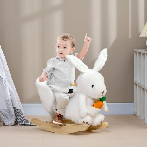 Kids Rocking Horse, Plush Rocking Chair Rabbit Shape w/ Safety Harness, Realistic Sound, Foot Pedals, for Toddler Aged 18-36 Months, White