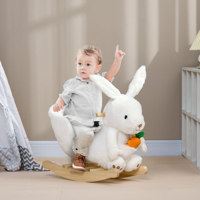 Kids Rocking Horse, Plush Rocking Chair Rabbit Shape w/ Safety Harness, Realistic Sound, Foot Pedals, for Toddler Aged 18-36 Months, White