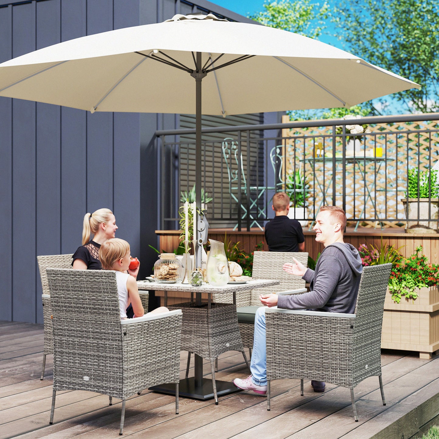 Rattan Dining Set with Parasol Hole, Garden Table and Chairs, Grey