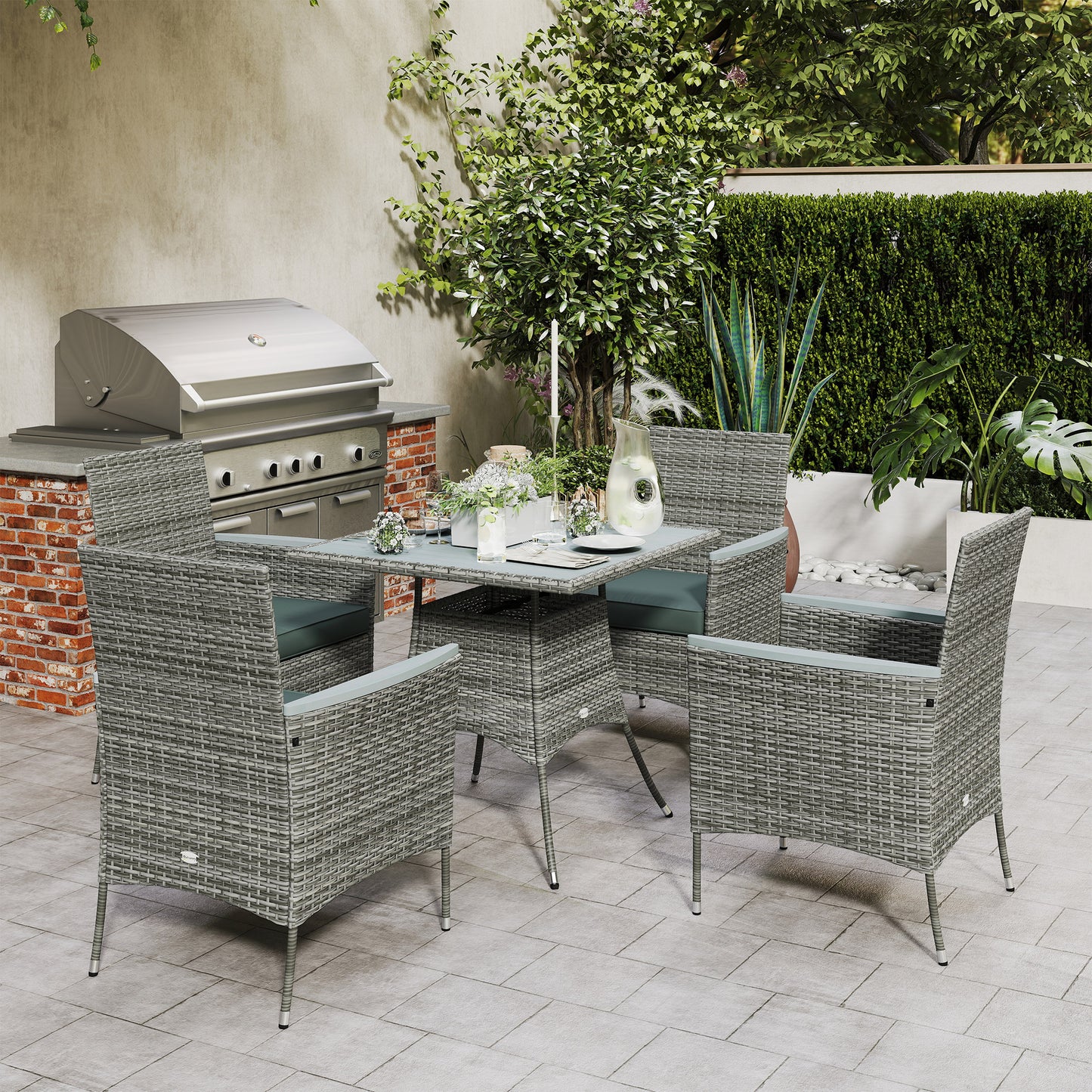 Rattan Dining Set with Parasol Hole, Garden Table and Chairs, Grey