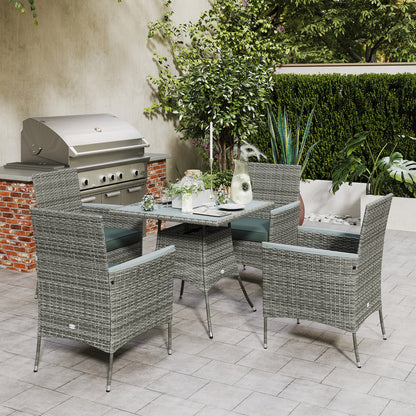 Rattan Dining Set with Parasol Hole, Garden Table and Chairs, Grey