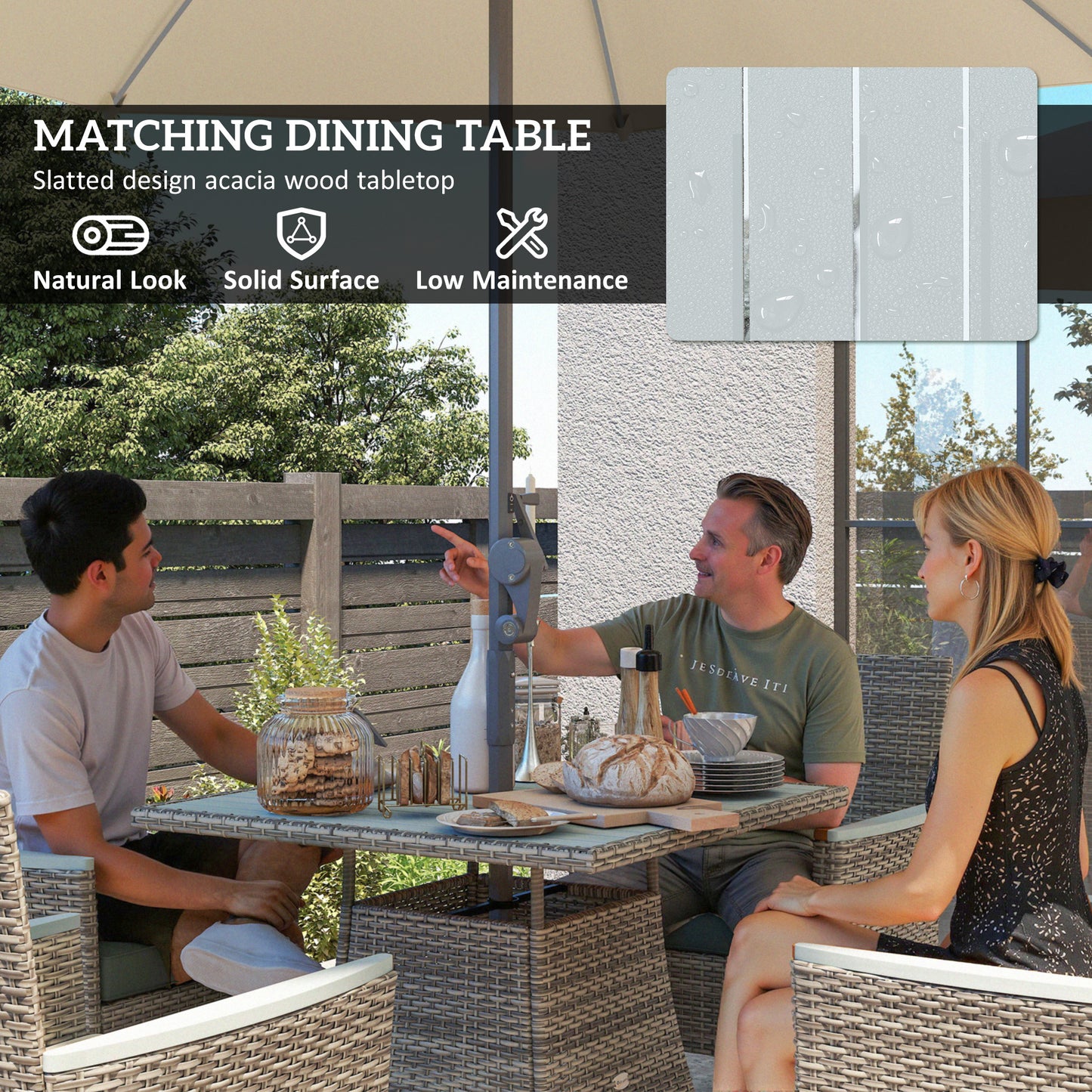 Rattan Dining Set with Parasol Hole, Garden Table and Chairs, Grey