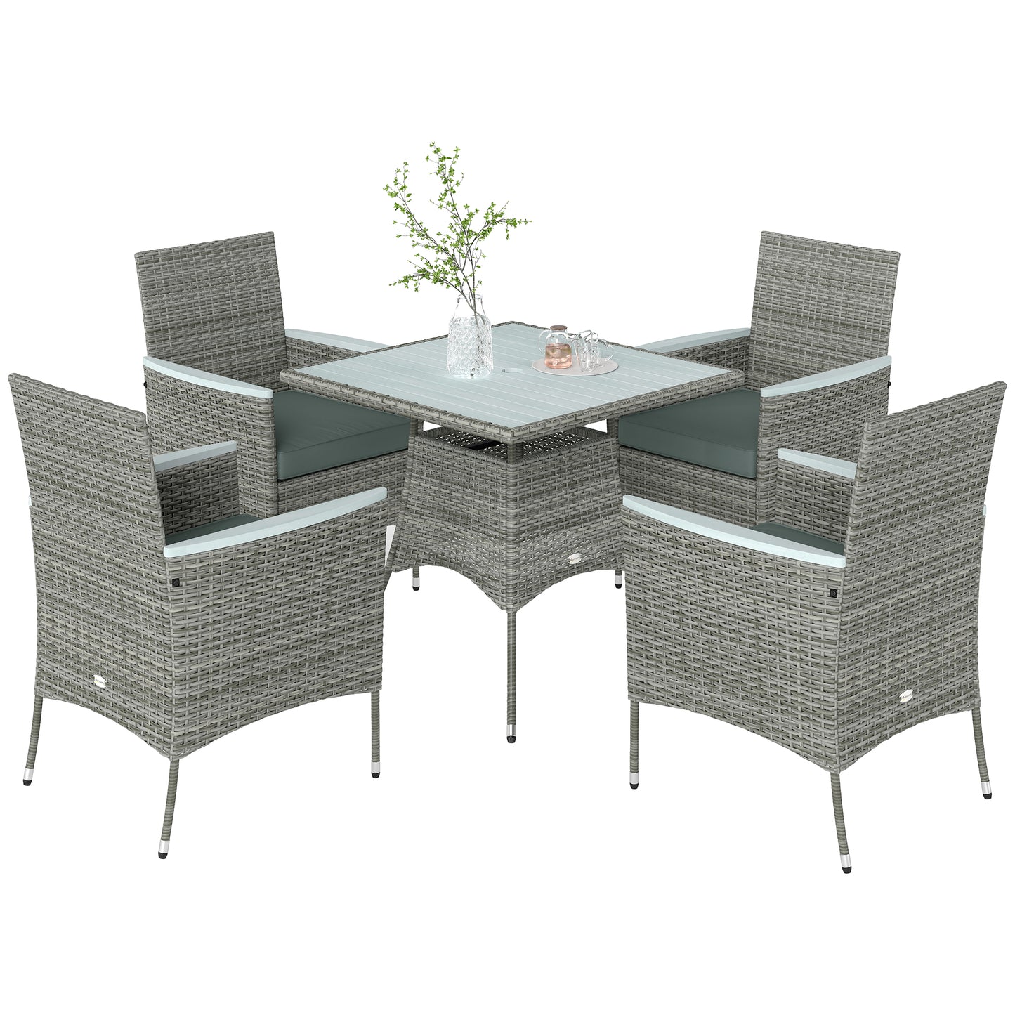 Rattan Dining Set with Parasol Hole, Garden Table and Chairs, Grey