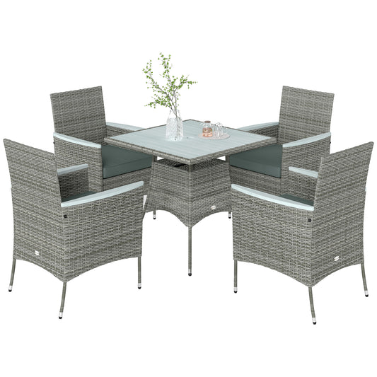 Rattan Dining Set with Parasol Hole, Garden Table and Chairs, Grey