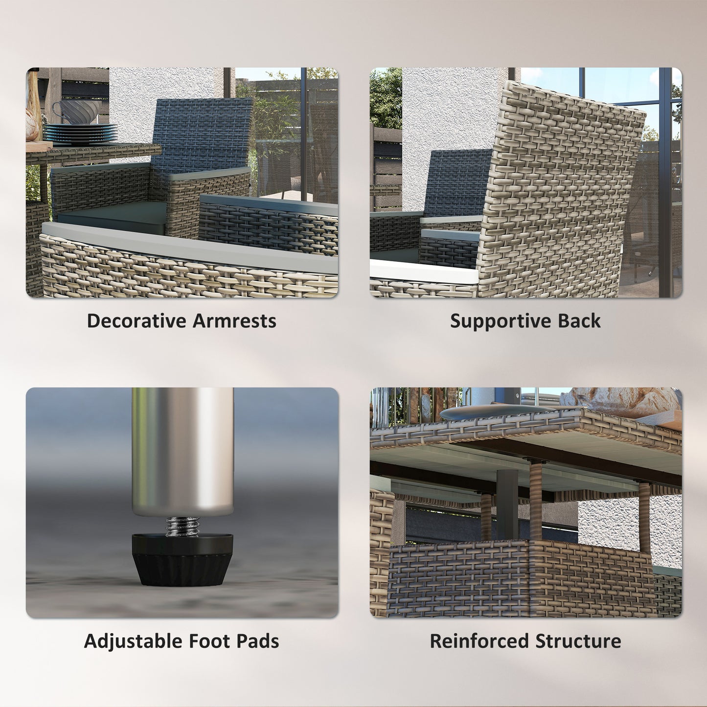 Rattan Dining Set with Parasol Hole, Garden Table and Chairs, Grey