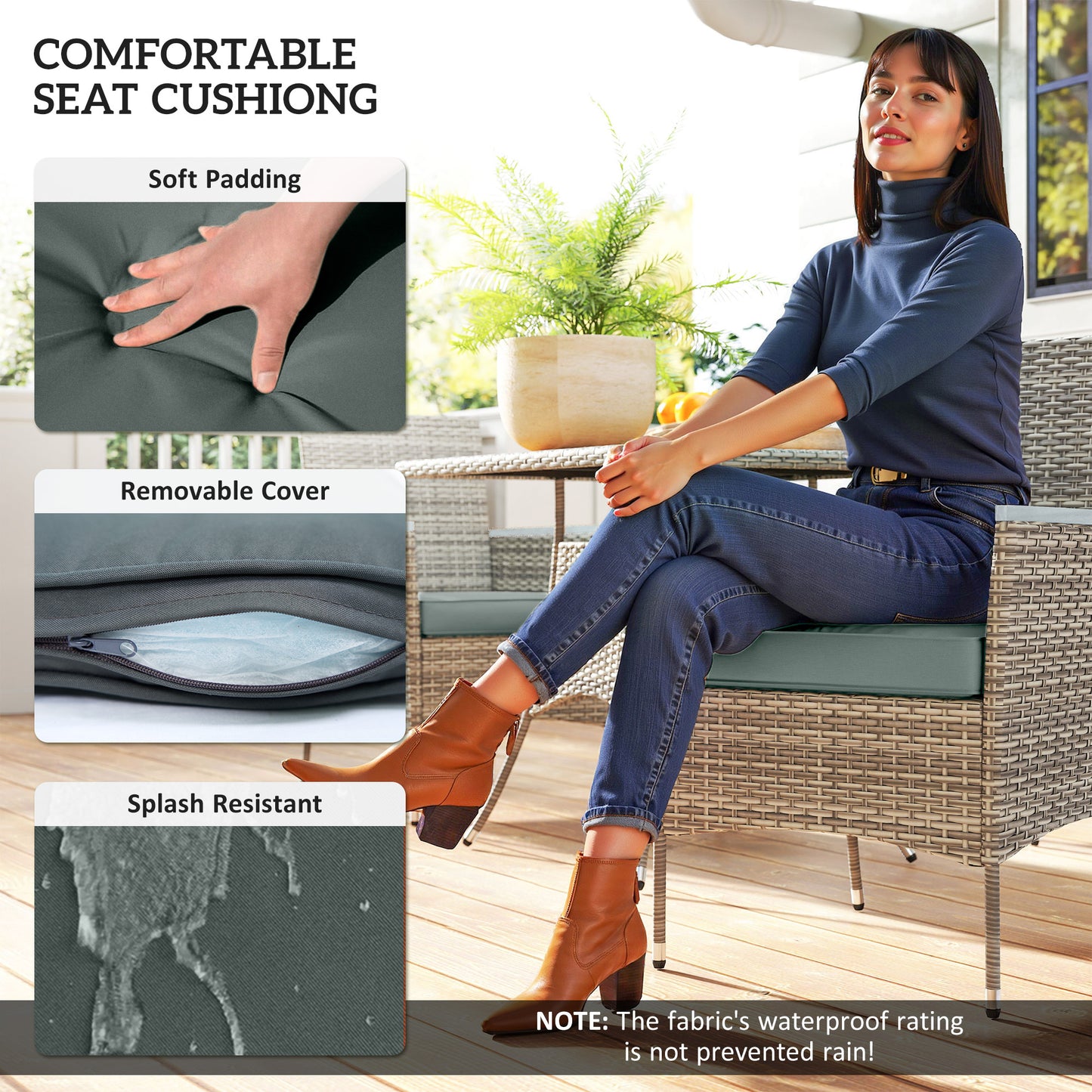 Rattan Dining Set with Parasol Hole, Garden Table and Chairs, Grey