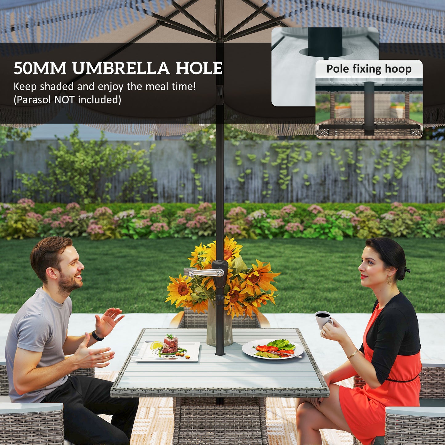 Rattan Dining Set with Parasol Hole, Garden Table and Chairs, Grey