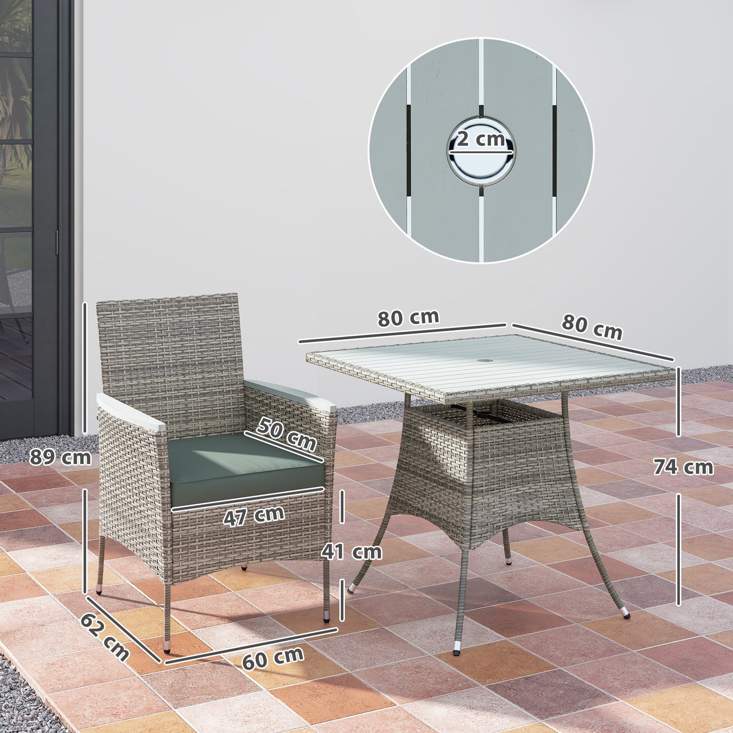 Rattan Dining Set with Parasol Hole, Garden Table and Chairs, Grey