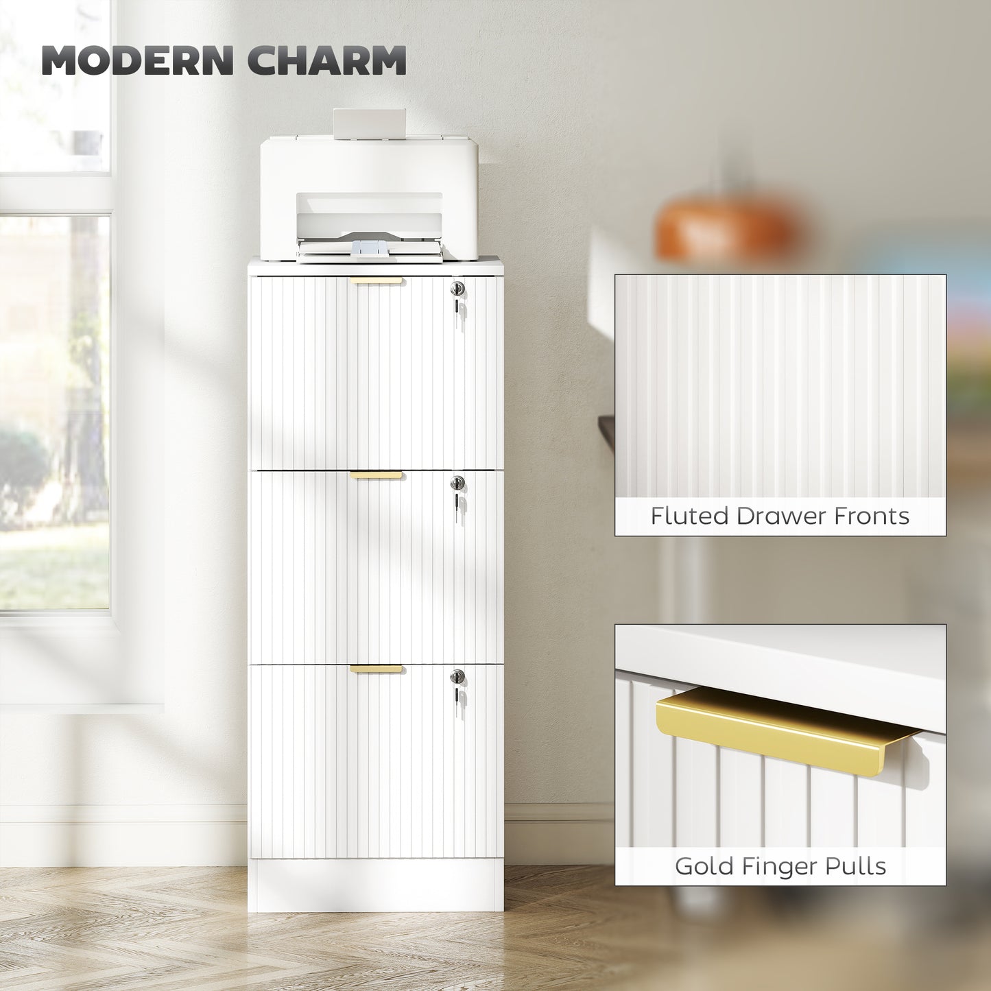 Filing Cabinet, File Cabinet with 3 Lockable Drawers and Hanging Rails