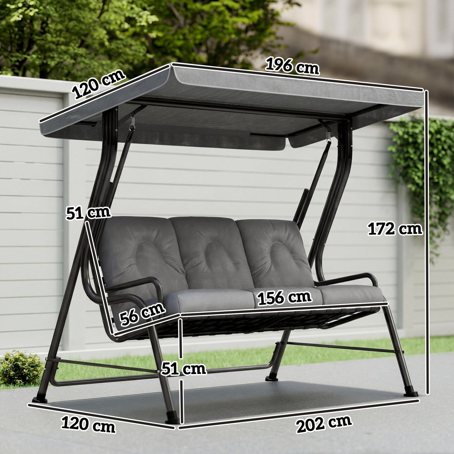 3-Seater Garden Swing Seat, Outdoor Swing Chair with Canopy, Grey