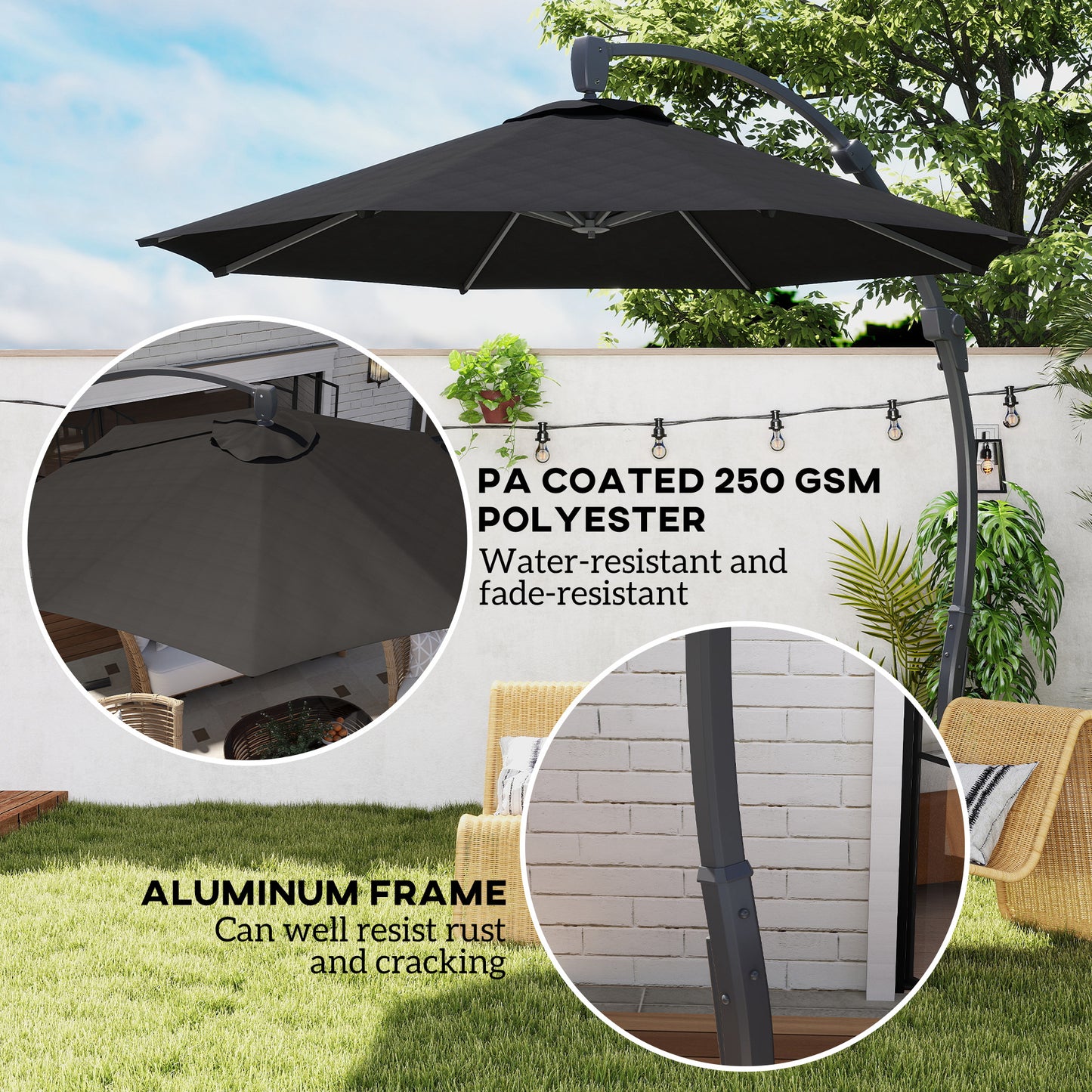 3(m) Garden Cantilever Parasol with Crank Aluminium Frame Black