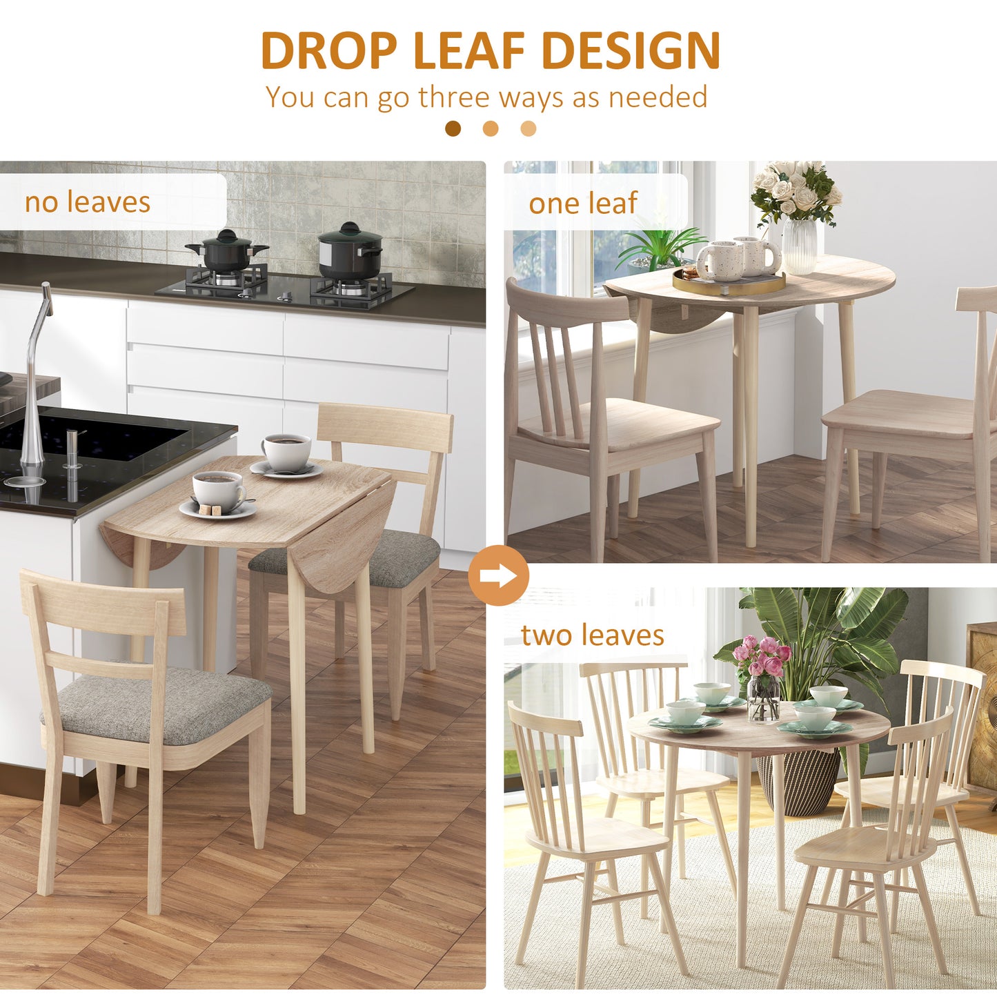 Foldable Dining Table, Round Drop Leaf Table, Wood Legs, Natural