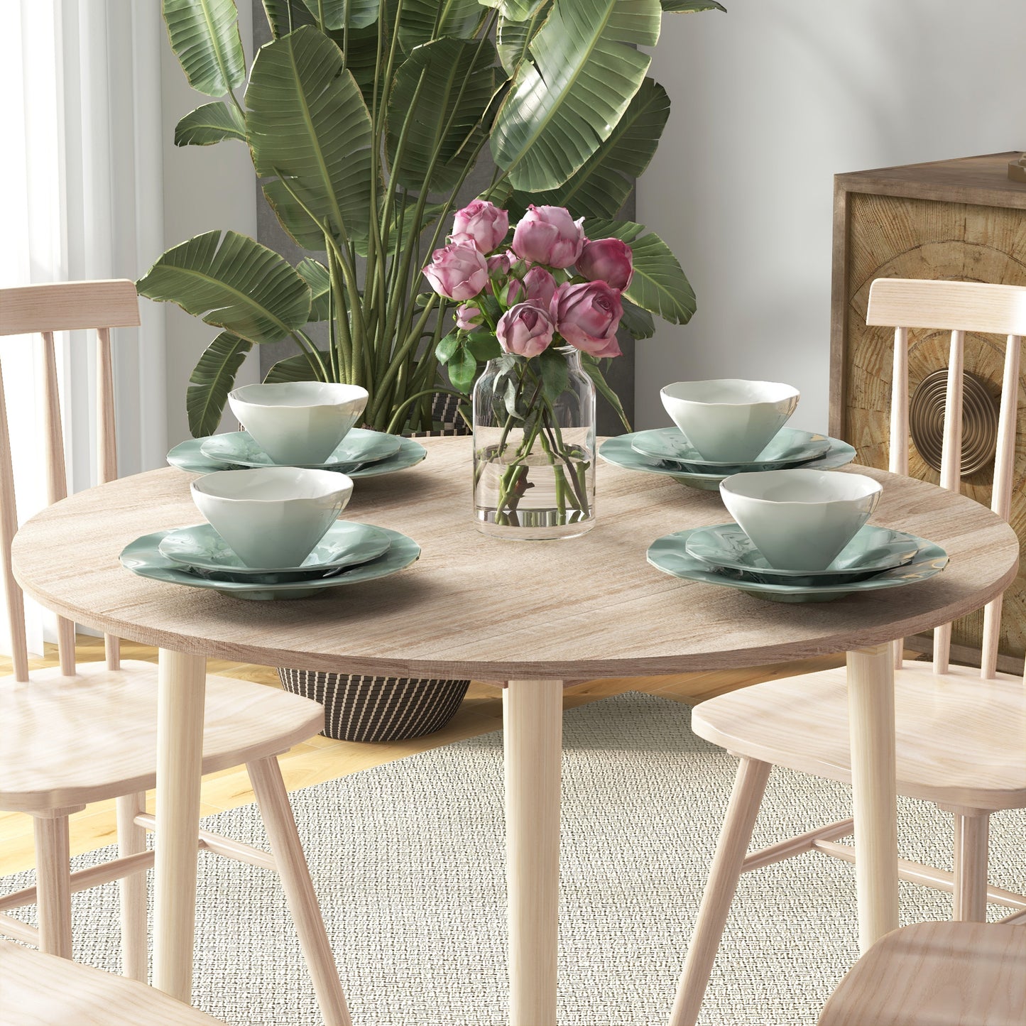 Foldable Dining Table, Round Drop Leaf Table, Wood Legs, Natural