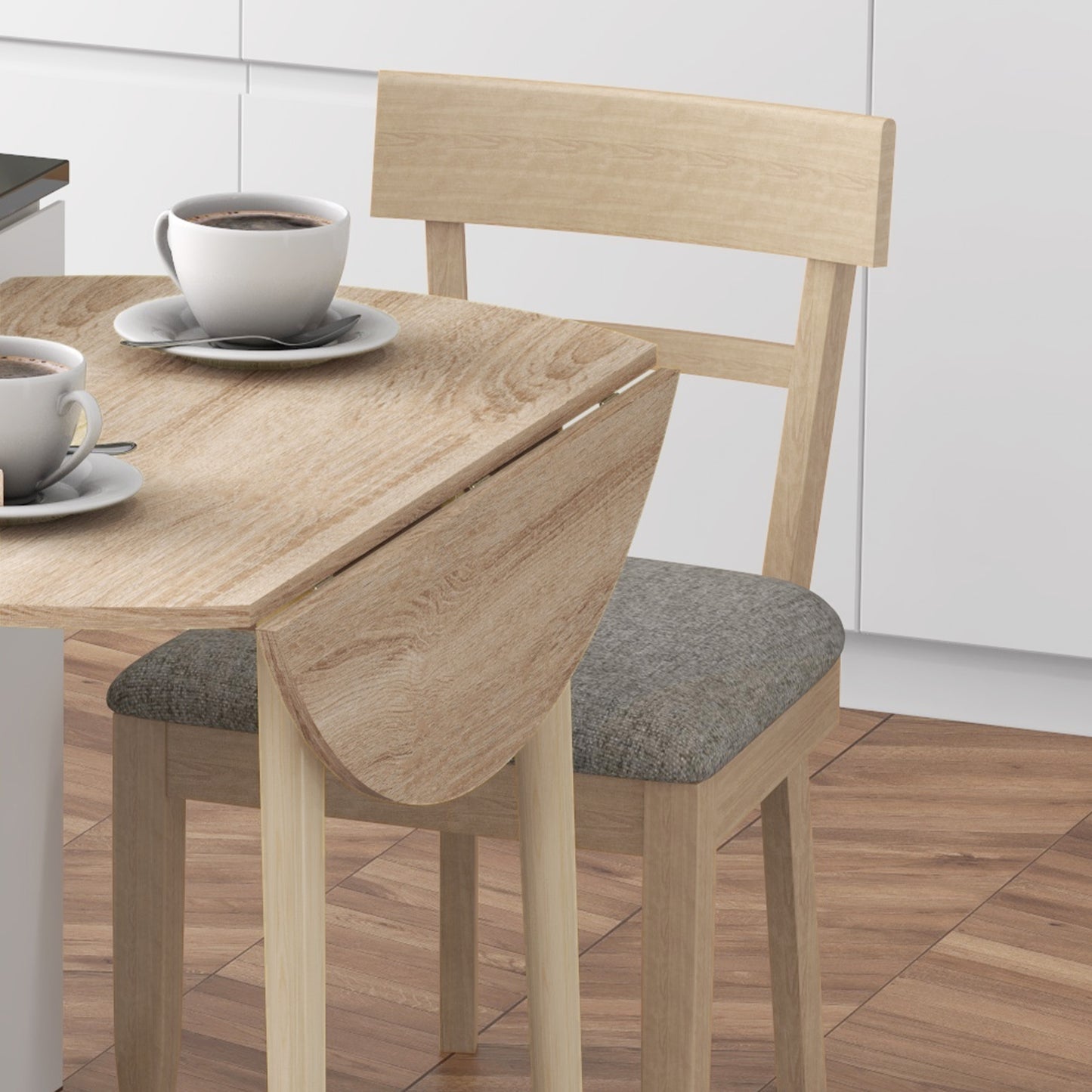 Foldable Dining Table, Round Drop Leaf Table, Wood Legs, Natural
