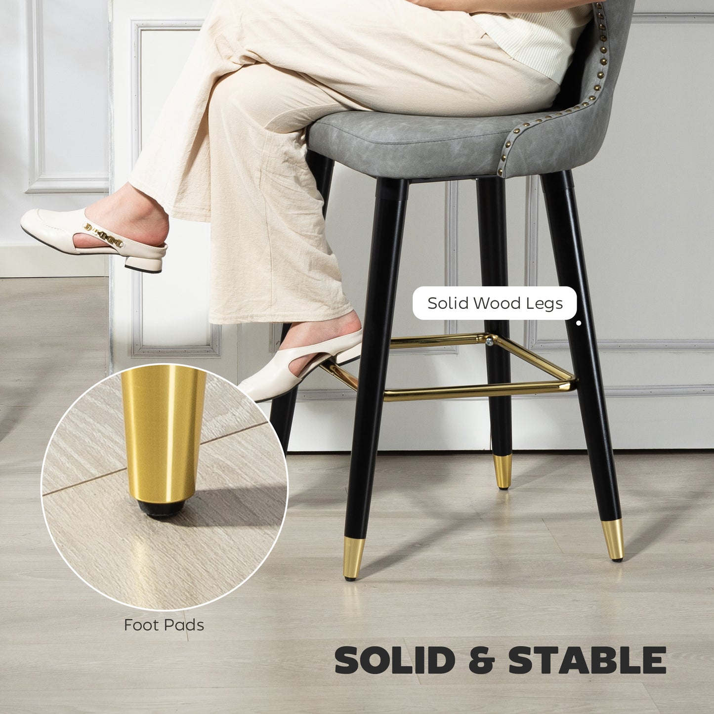 Bar Stools Set of 2, Dining Stools with Backrest, Footrest, Grey