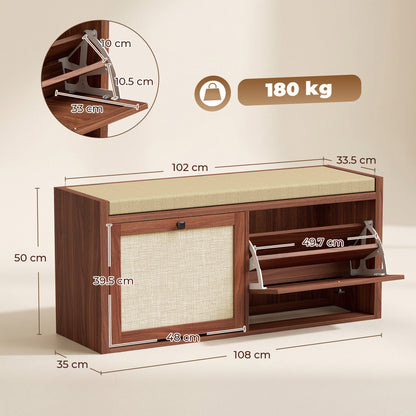 Rattan Shoe Bench with Padded Cushion and 2 Cabinets, Brown