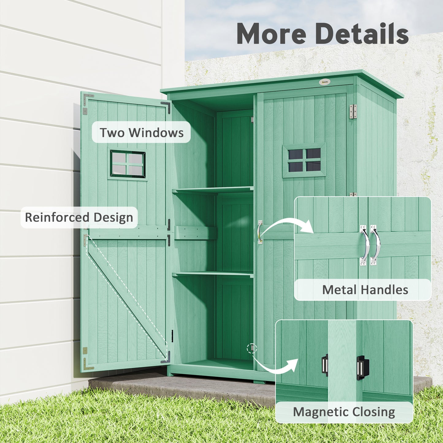 Wooden Garden Shed Tool Storage Cabinet Double Door Shelf Green