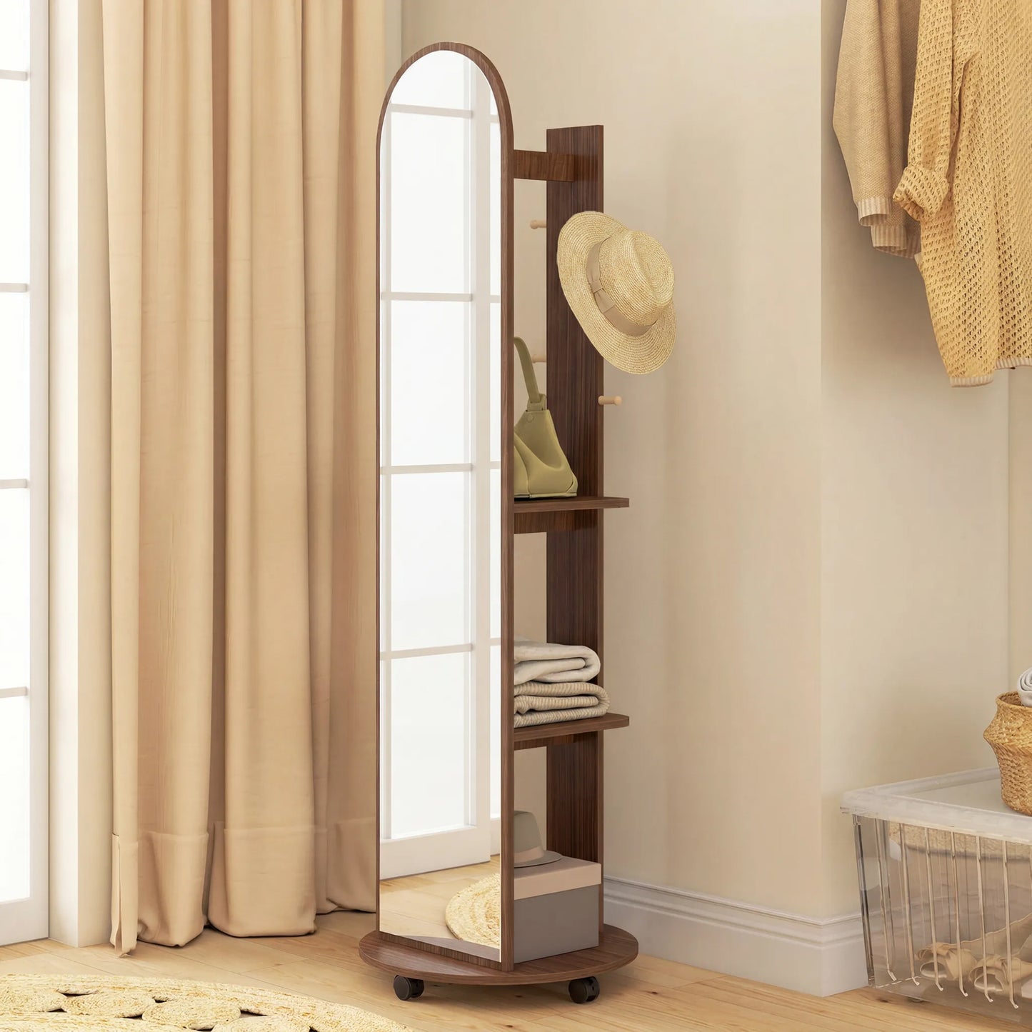 2-in-1 Full Length Mirror with Storage Shelves, Floor Mirror with 4 Universal Wheels, Coat Rack, 4 Hooks, Space-Saving Freestanding Organiser for Bedroom, Living Room, Brown Wood Effect