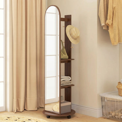 2-in-1 Full Length Mirror with Storage Shelves, Floor Mirror with 4 Universal Wheels, Coat Rack, 4 Hooks, Space-Saving Freestanding Organiser for Bedroom, Living Room, Brown Wood Effect