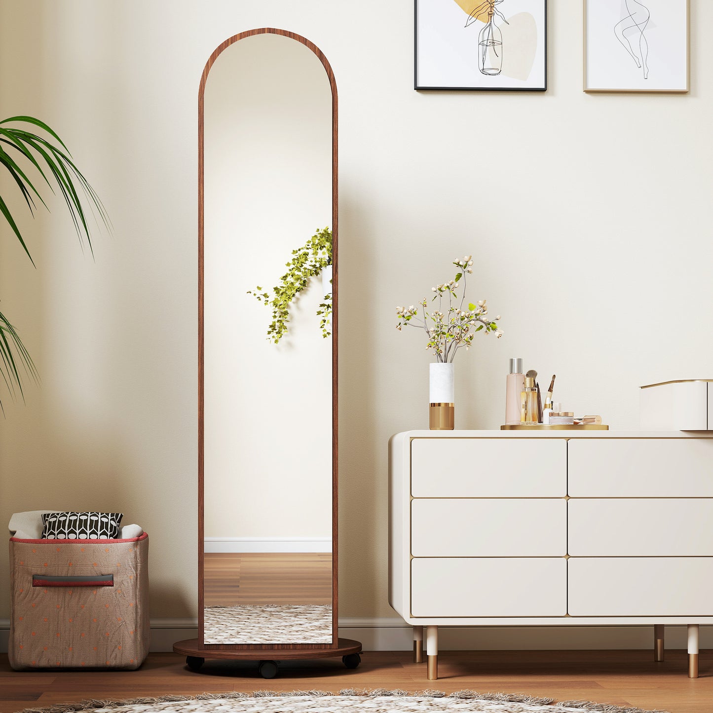 2-in-1 Full Length Mirror with Storage Shelves, Floor Mirror with 4 Universal Wheels, Coat Rack, 4 Hooks, Space-Saving Freestanding Organiser for Bedroom, Living Room, Brown Wood Effect