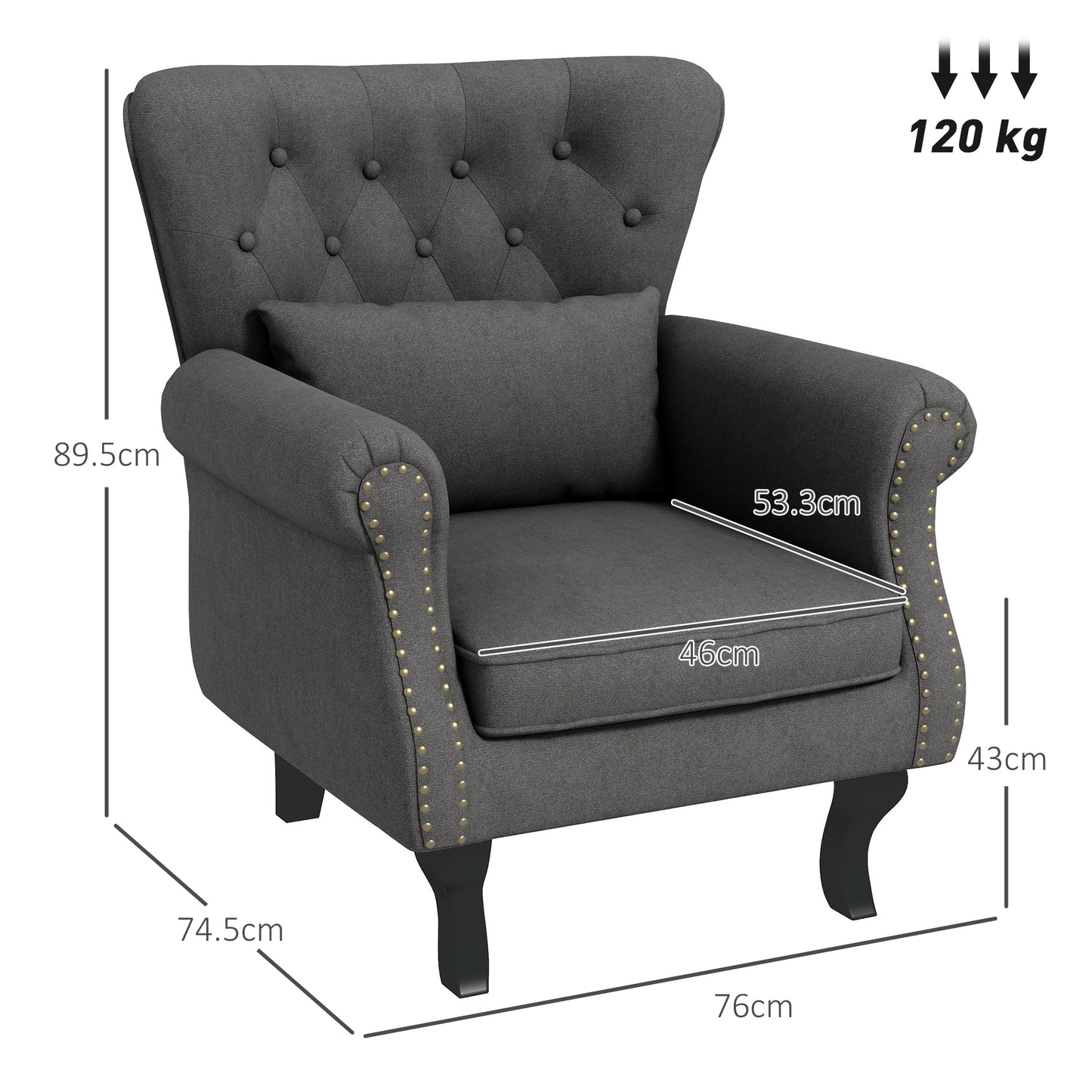 Wingback Armchair, Chesterfield-style Accent Chair, Dark Grey