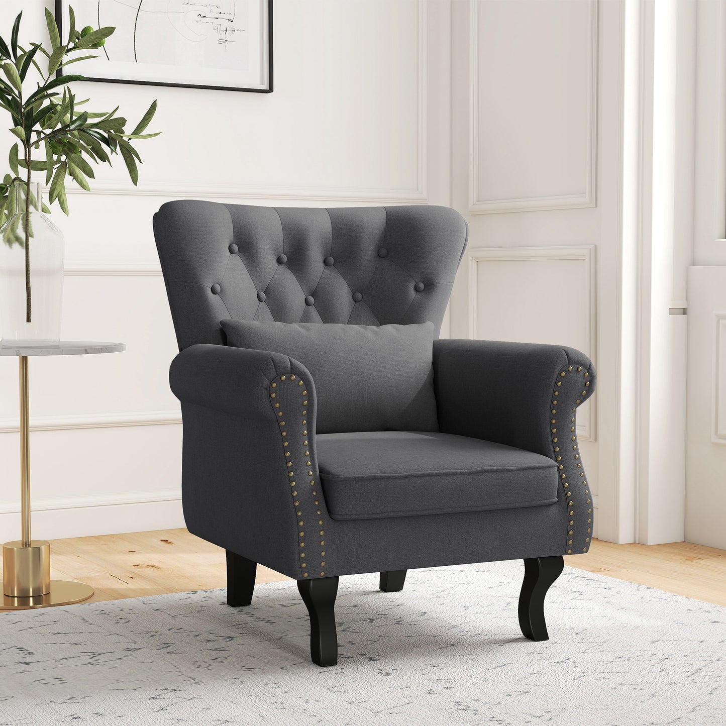 Wingback Armchair, Chesterfield-style Accent Chair, Dark Grey