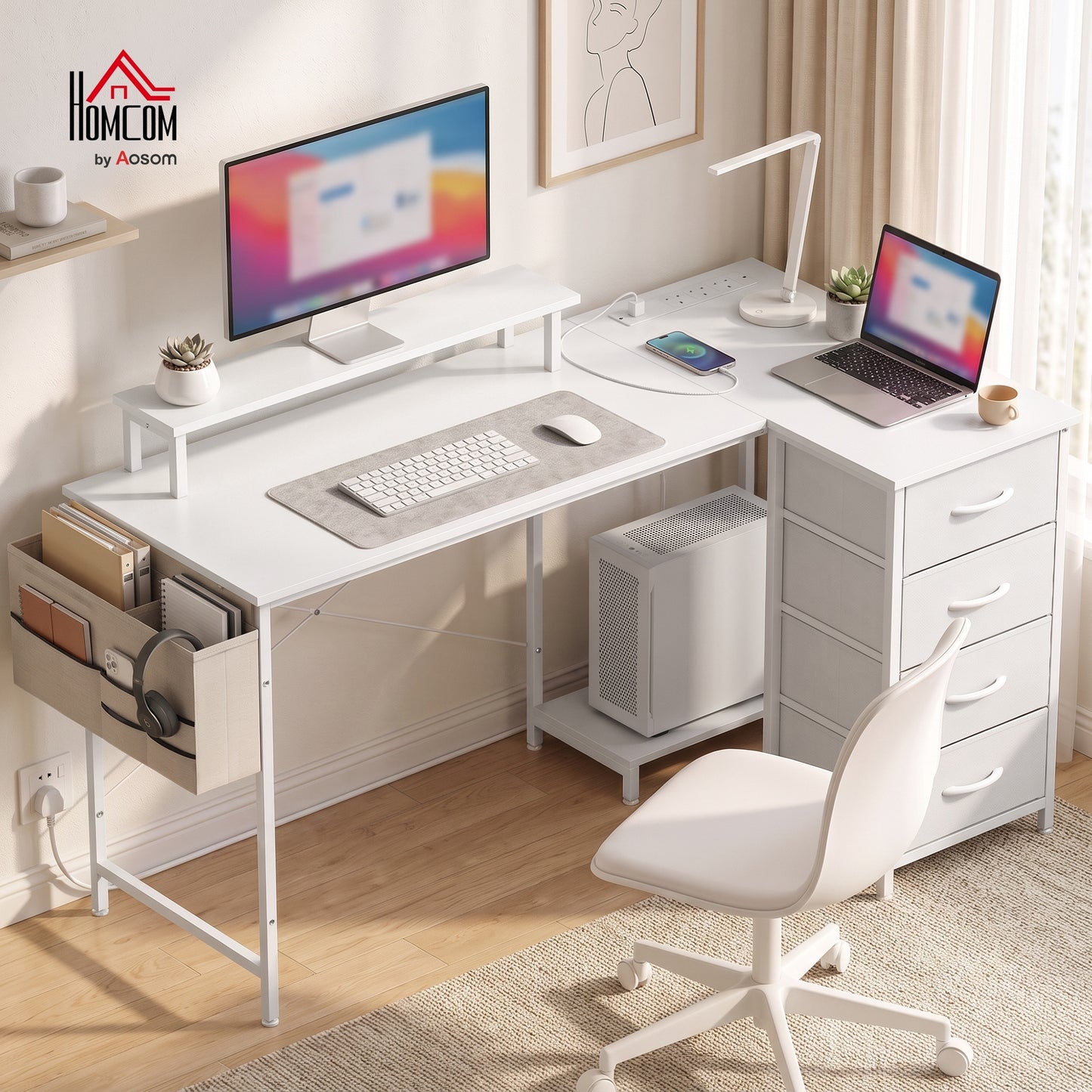 L Shaped Gaming Desk Reversible USB 150 cm White