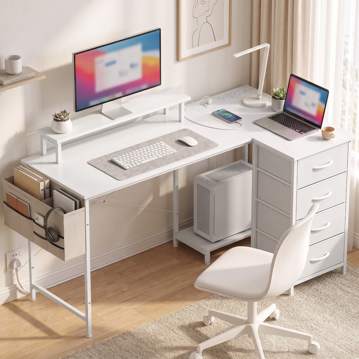 L Shaped Gaming Desk Reversible USB 150 cm White