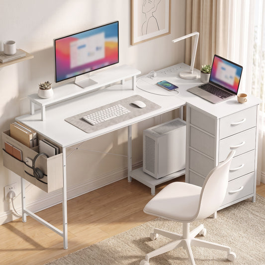 Reversible L-Shaped Gaming Desk with 4 Drawers, Monitor Shelf and USB/Type-C Charging - White