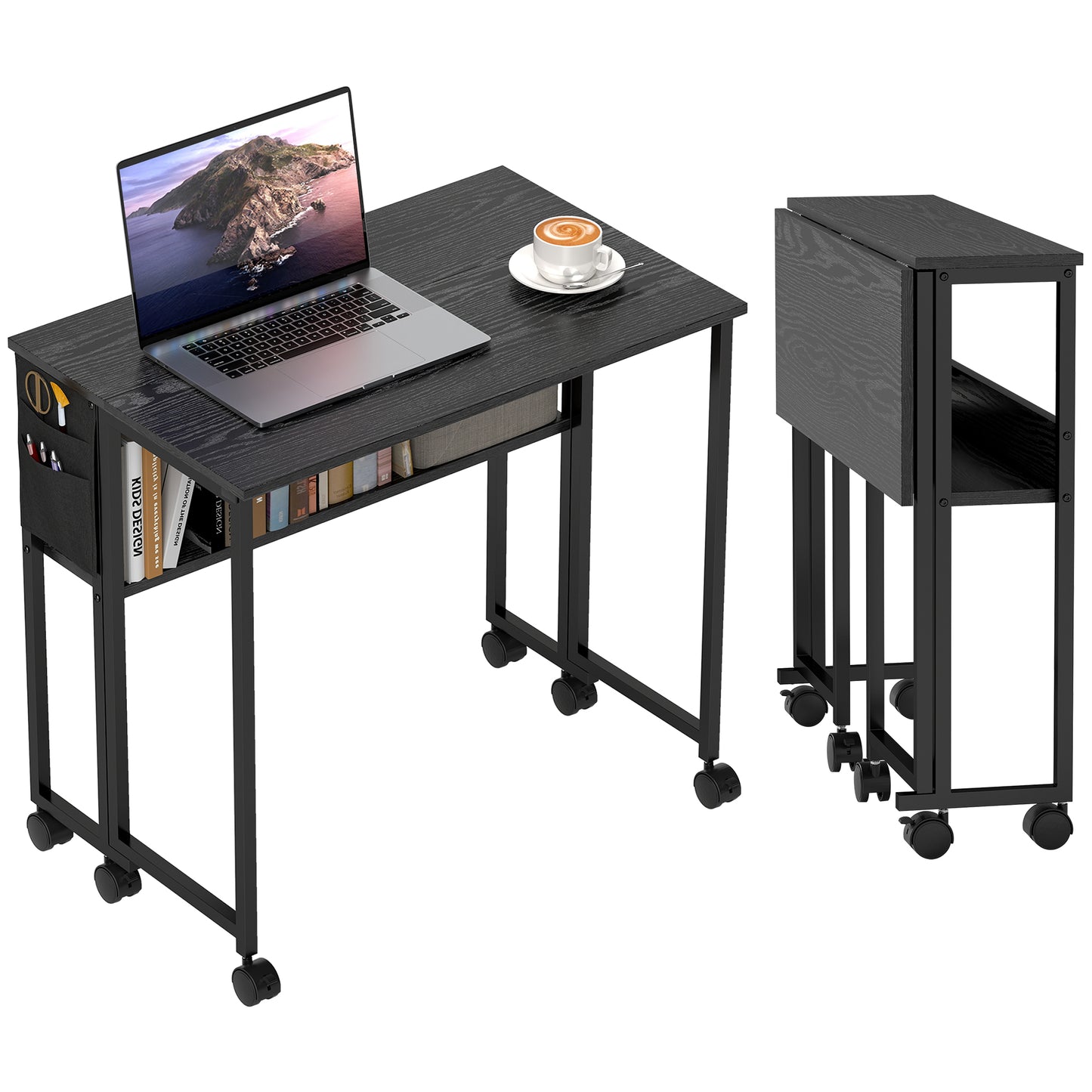80 cm Foldable Computer Desk on Wheels for Small Spaces, Black