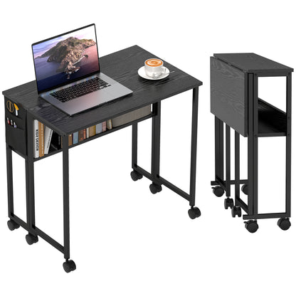 80 cm Foldable Computer Desk on Wheels for Small Spaces, Black