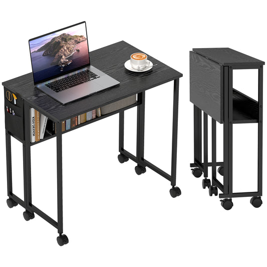 80 cm Foldable Computer Desk on Wheels for Small Spaces, Black