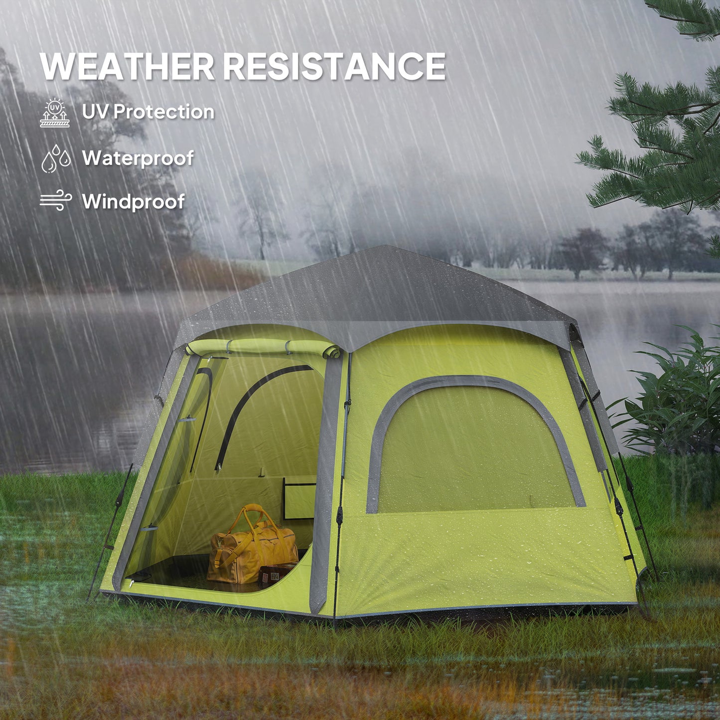 Instant Camping Tent, 4 Person Easy Setup Dome Tent, Yellow Green