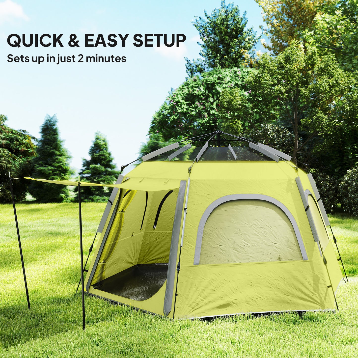 Instant Camping Tent, 4 Person Easy Setup Dome Tent, Yellow Green